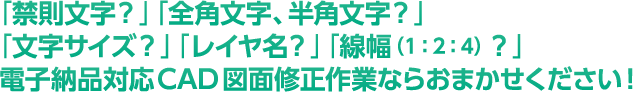 「禁則文字?」「全角文字、半角文字?」「文字サイズ?」「レイヤ名?」「線幅(1:2:4)?」電子納品対応CAD図面修正作業ならおまかせください!
